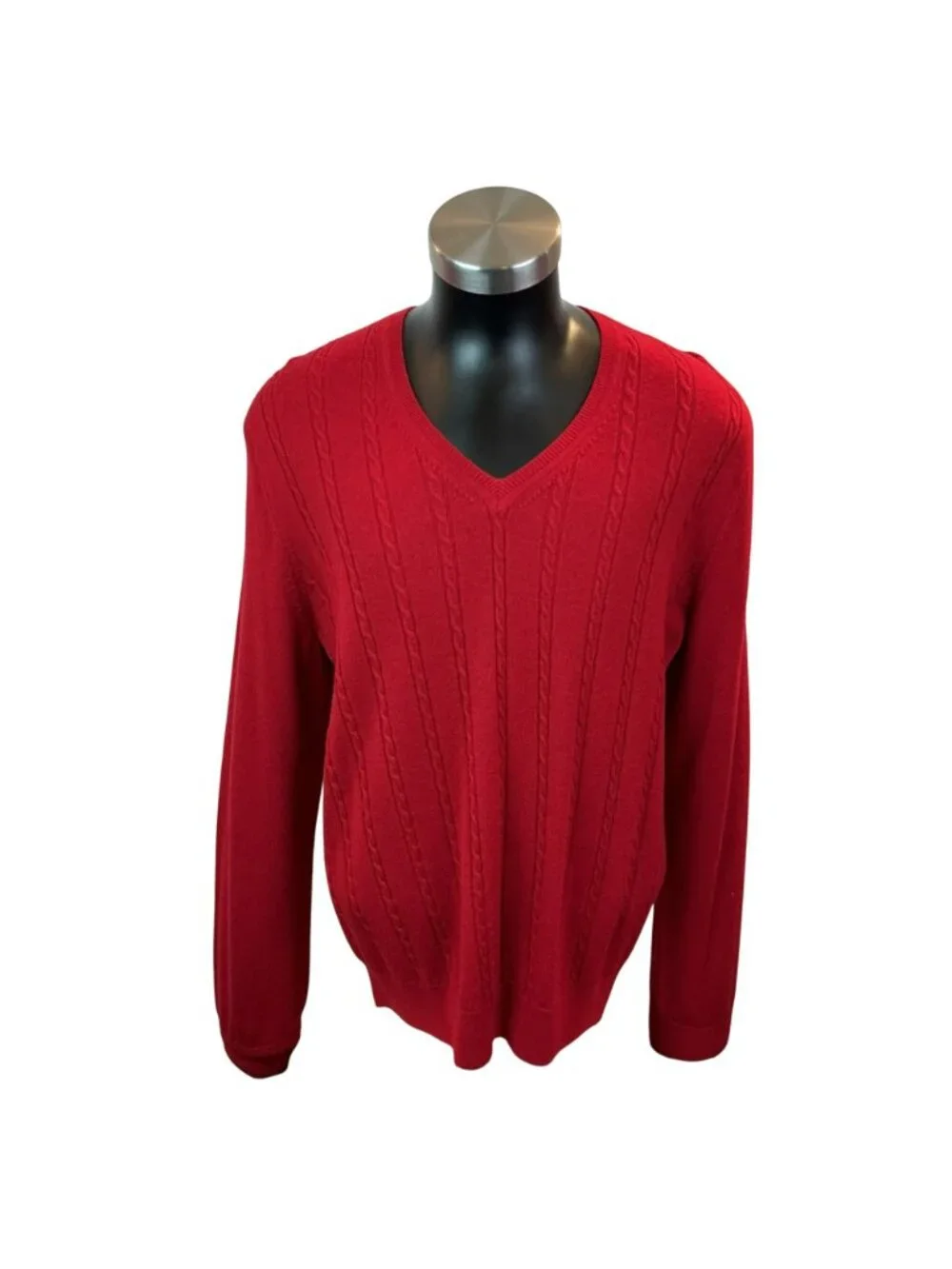 Banana Republic Red V-Neck Sweater Extra Fine Merino Wool Cable Knit Large - Picture 2 of 10
